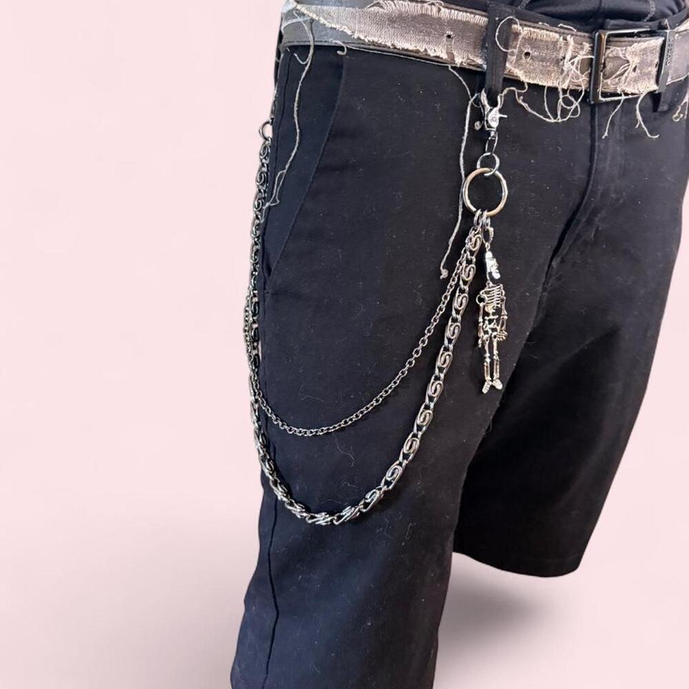 Silver layered wallet chain with dangling skeleton charm Punk grunge goth alt